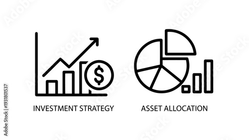 Investment Strategy and Asset Allocation Icons for Financial Planning, Wealth Management, Business Economics, and Market Analysis Concepts.