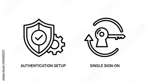 Authentication Setup and Single Sign-On Icons for Cybersecurity, User Access, Identity Management, and Secure Login Solutions.