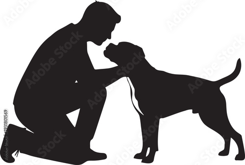 Silhouette of man kneeling and petting a dog, showing affection and friendship between human and animal bond