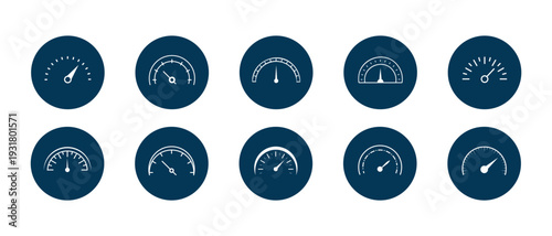 Modern Speedometer and Gauge Icon Set, Performance Meter Dashboard Symbols Collection, Outline and Solid Vector Illustration Pack.eps10