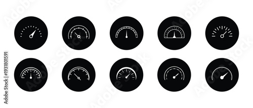 Modern Speedometer and Gauge Icon Set, Performance Meter Dashboard Symbols Collection, Outline and Solid Vector Illustration Pack.eps10