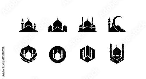 A set of minimalist Islamic logo silhouettes featuring different styles, including a geometric mosque.