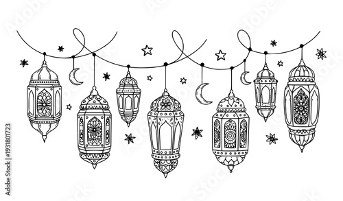 Hand Drawn Ramadan Lantern Garland with Stars and Crescent Moon Black Outline Vector Set