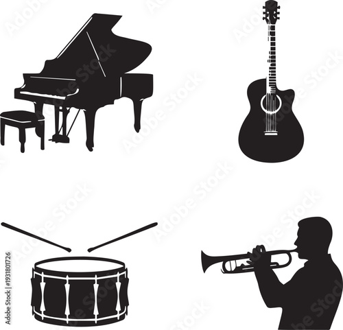 Set of musical instruments icons including grand piano, acoustic guitar, drum, and trumpet player silhouette