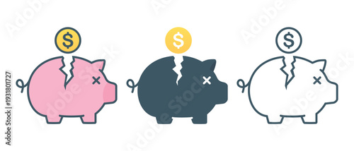Broken Piggy Bank Icon with Crack Effect. Financial Crisis and Savings Loss Symbol. Vector Illustration
