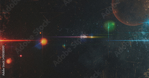 Grunge Space Background with Colorful Lens Flare Light Streaks and Planet Texture,film overlay effect with scratch dust and light leaks.retro Cinematic grain noisy distressed texture light ray flare
