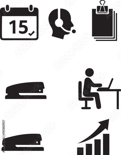 Business management icons collection with calendar operator clipboard stapler office worker at desk and upward trending bar chart