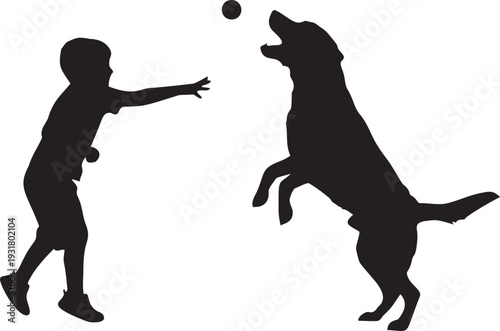 Active young boy playing fetch with energetic dog silhouette showing child throwing ball and pet jumping to catch in park setting