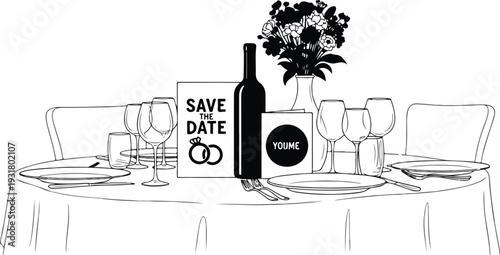 Wedding table dinner. Save the date card, poster, banner or placard. Wine and flowers bouquet drawing for wedding invitations, cafe menus and parties. Served table in restaurant or cafe in ink style