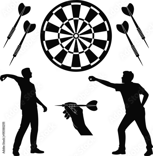 Silhouettes of People Playing Darts Set Featuring Target Board, Hand Throwing Dart, and Players in Various Poses, Isolated Vector Illustration