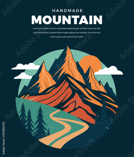 A vibrant handmade mountain landscape illustration featuring a winding path, tall pine trees, and a setting sun, perfect for outdoor enthusiasts.