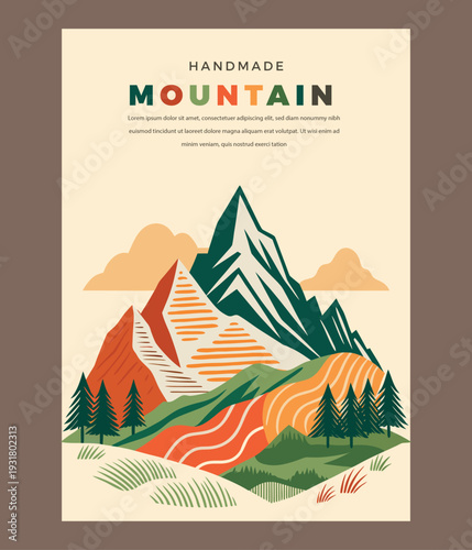 A captivating handmade mountain illustration poster featuring vibrant layered landscapes and majestic peaks