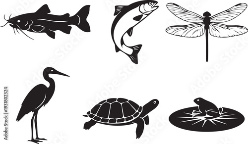 Collection of black animal silhouettes including fish heron turtle dragonfly frog on transparent background