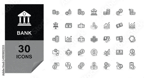 Set of bank and finance related icons in simple line style
