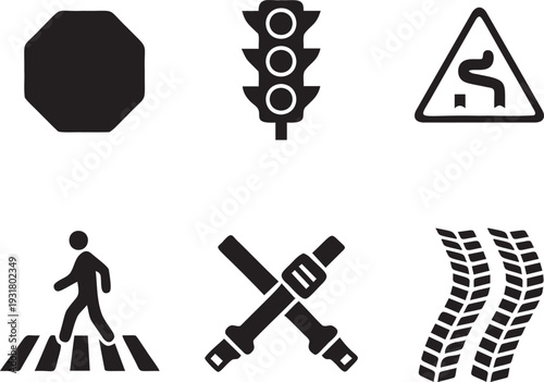 Collection of black transportation and traffic symbols including stop octogon traffic signal pedestrian and tire tracks