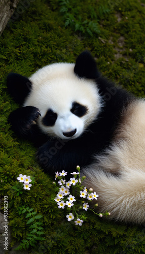 Adorable panda resting in lush green moss with white flowers