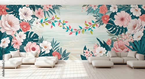 Modern living room with vibrant floral wallpaper mural creating an elegant and cozy interior ambiance