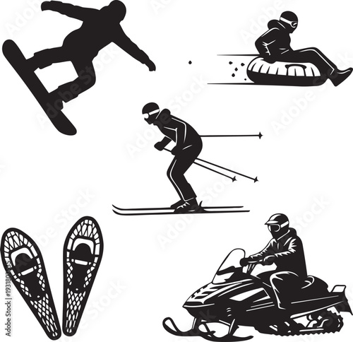 Snowboarding, snow tubing, snow skiing, snowshoeing, and snowmobiling vector illustrations of winter sport activities