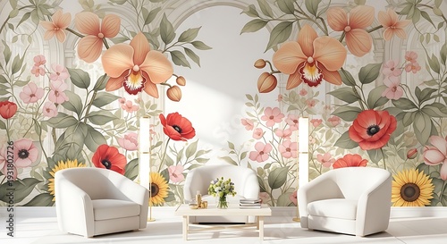 Elegant living room adorned with vibrant floral wallpaper and cozy furniture, creating a tranquil and inviting atmosphere