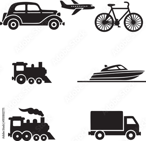 Transportation set of vintage car airplane bicycle steam engine locomotive motorboat and cargo delivery truck silhouette icons