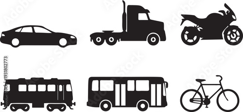 Modern vehicle silhouettes featuring sleek sedan car heavy duty truck tractor motorcycle subway train city bus and mountain bike