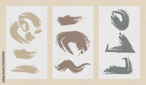 Abstract collection of textured brush strokes in muted earth tones, displayed across three minimalist panels