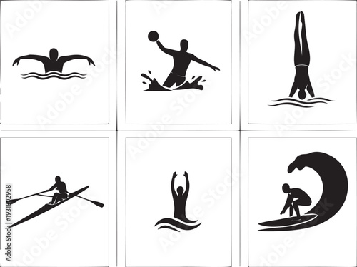 Various water sports and aquatic activities including swimming, water polo, diving, rowing, and surfing