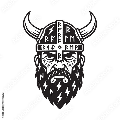 Strong viking head mascot with a horned helmet and runic symbols. Powerful monochrome Nordic warrior portrait with beard and lightning details for sports logos, tattoos, and apparel design.