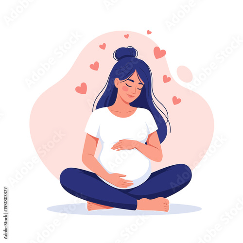 A serene pregnant woman with dark hair sits cross-legged, gently holding her belly, surrounded by floating hearts, symbolizing maternal love and peace.