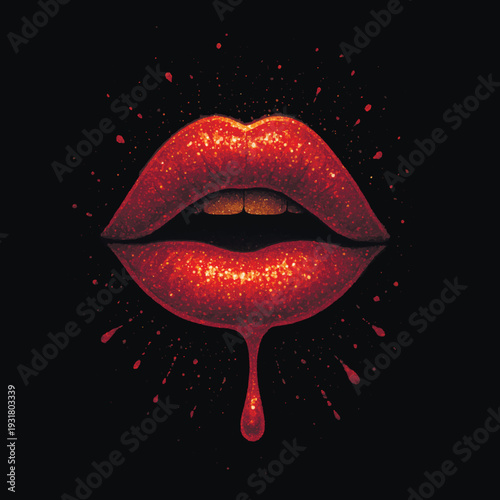 3d Glittery red lips with a dripping gloss effect and sparkling paint splashes on a black background. Glamorous and sexy illustration for makeup branding, fashion prints, and beauty salon decor.