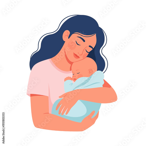 A loving mother tenderly cradling her newborn baby wrapped in a blue blanket, showing a moment of peace and affection.