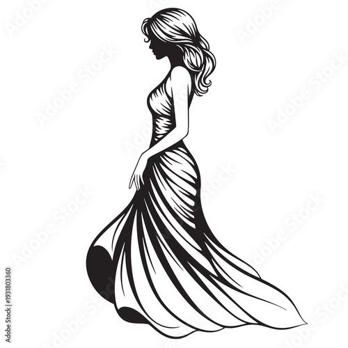 Elegant silhouette of a woman in a long flowing evening gown. Minimalist black and white vector illustration for fashion branding, wedding invitations, and luxury beauty salon decor.