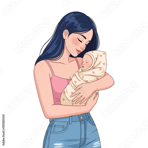 A beautiful illustration of a young mother tenderly holding her newborn baby, wrapped in a blanket with heart patterns, expressing love and care.