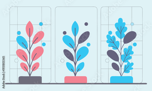 A vibrant illustration featuring three stylized potted plants with two-toned leaves, showcasing growth and nature's simplicity