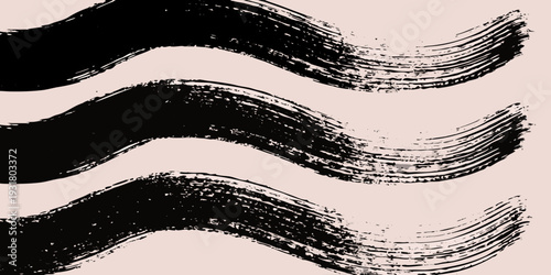 Abstract black brushstrokes create wavy lines on a pale pink background