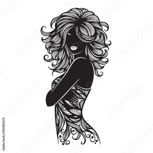 Elegant silhouette of a woman with long voluminous wavy hair and intricate floral body art. Minimalist black and white vector illustration for beauty branding, hair salons, and fashion design.