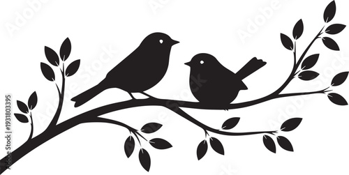 Two bird silhouettes on a branch, small and large birds sitting together, romantic nature scene