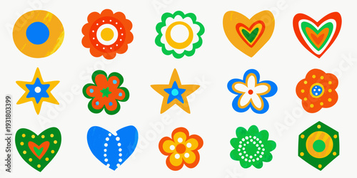 Colorful collection of stylized flower and star shaped stickers