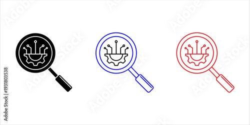 Magnifying glass icon set with circuit board and gear symbol, artificial intelligence analysis, digital diagnostic, data research and technology optimization concept, vector illustration.