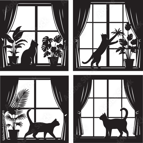 Cats silhouetted against window panes with curtains and potted plants exploring indoors playful feline behavior