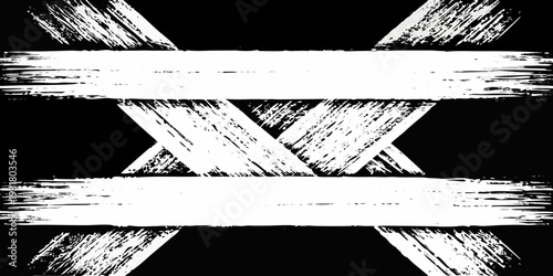 Abstract black and white design featuring bold textured brushstroke crosses