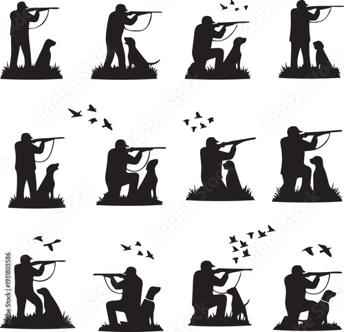 Silhouette set of hunter shooting with dog and flying birds on transparent background, hunting recreation concept