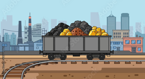 Coal and Gold Ore Cart on Railroad Tracks in City.