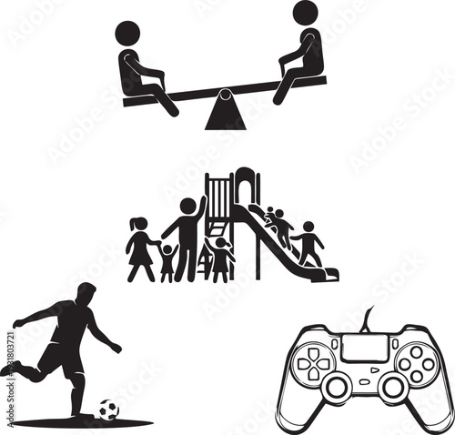Playground, seesaw, soccer, video game controller, family fun, outdoor games, children's activities, recreation, childhood, leisure