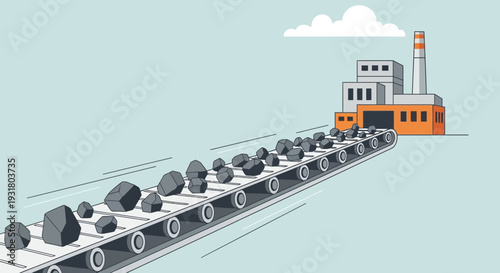 Conveyor Belt Transporting Rocks to Industrial Factory Illustration.