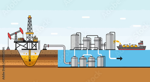 Crude Oil Extraction and Processing Illustration with Offshore Platform.