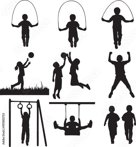 Children jumping rope, playing ball, gymnastic rings, swing, running, active kids, childhood games, fun, recreation, sports, healthy lifestyle