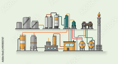 Detailed Illustration of an Industrial Oil Refinery Plant.