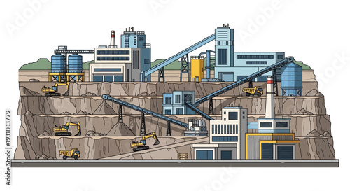 Detailed Illustration of a Large OpenPit Mining Operation.