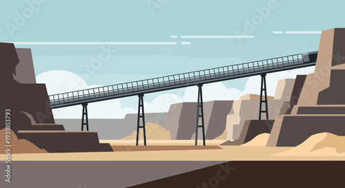 Elevated Conveyor Belt System Crossing a Desert Canyon.